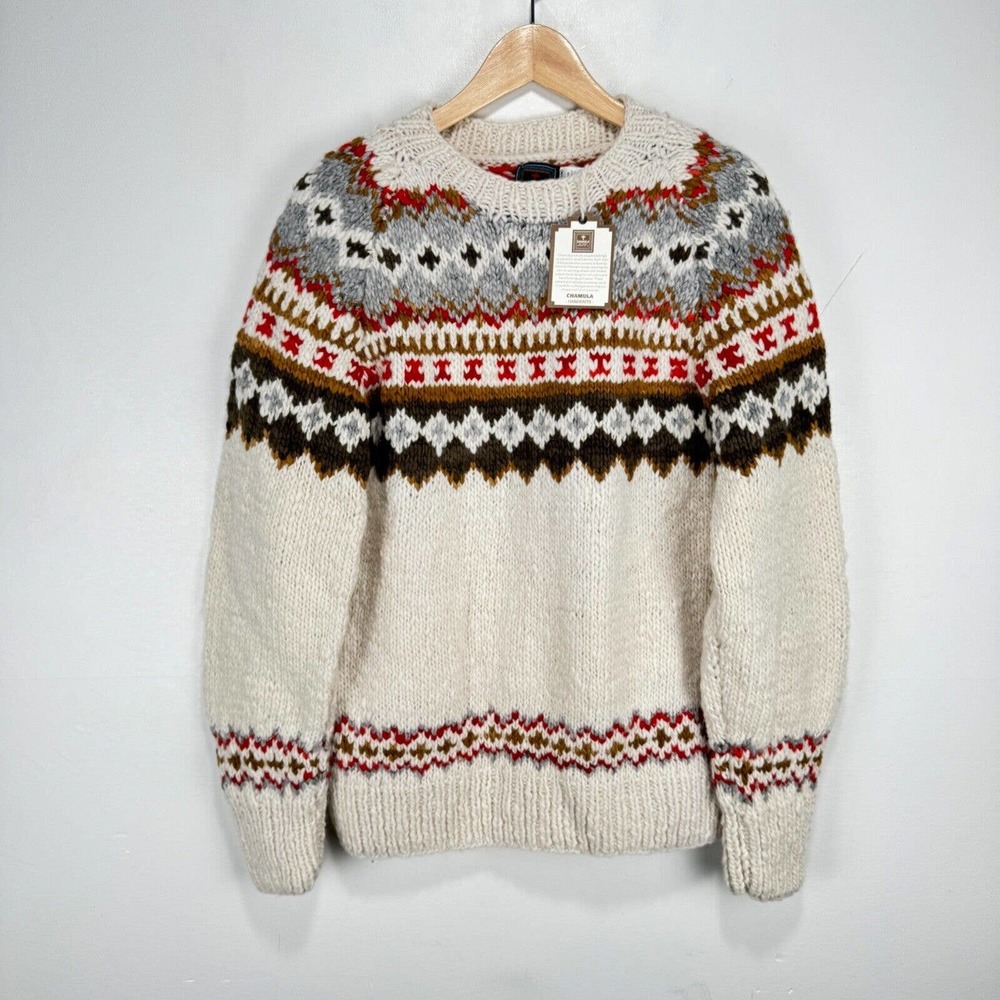 Men's Cream Patterned Crewneck Sweater